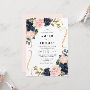 Convite de Casamento Floral Azul Marinho Bege Rúst