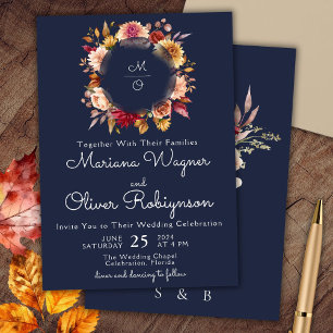 Convite de Casamento Floral Azul Marinho Borgonha