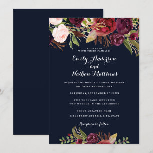 Convite de Casamento Floral Azul Marinho Borgonha