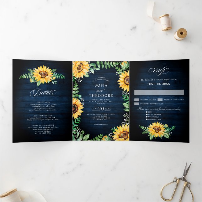 Convite de casamento floral azul marinho com respi (Dentro)