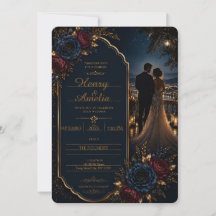 Convite de Casamento Floral Azul Marinho de Luxo