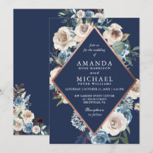 Convite de Casamento Floral Azul Marinho Dourado R