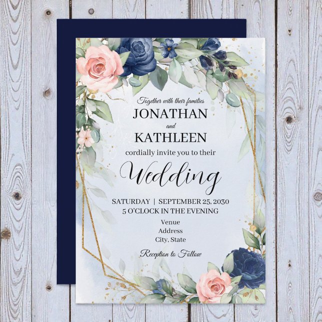Convite de Casamento Floral Azul Marinho e Bege (Criador carregado)