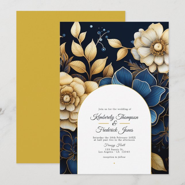 Convite de Casamento Floral Azul Marinho e Dourado (Frente/Verso)