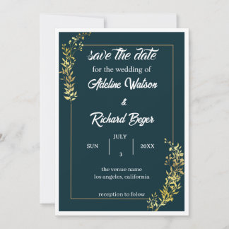 Convite de Casamento Floral Azul Marinho e Dourado