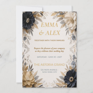 Convite de Casamento Floral Azul Marinho e Dourado