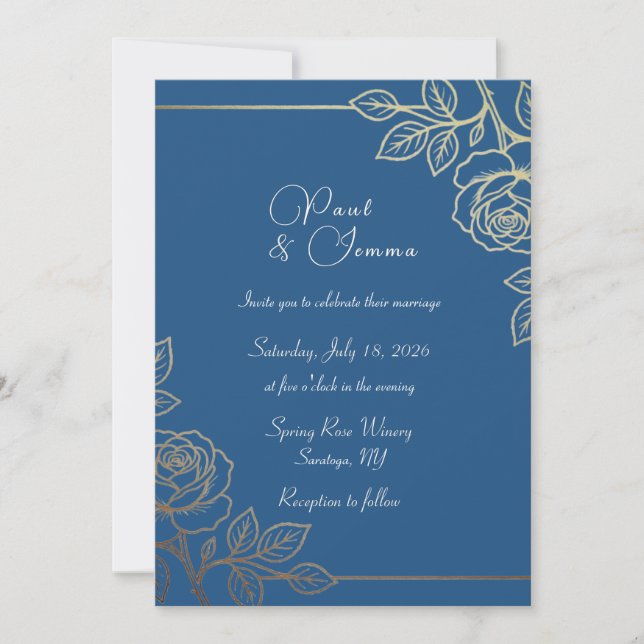Convite de Casamento Floral Azul Marinho e Dourado (Frente)