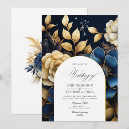 Convite de Casamento Floral Azul Marinho e Dourado
