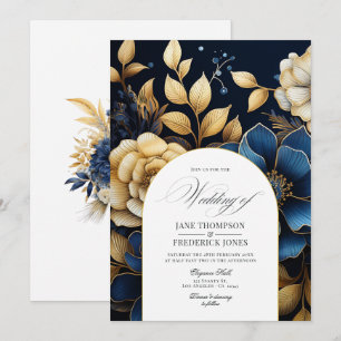 Convite de Casamento Floral Azul Marinho e Dourado