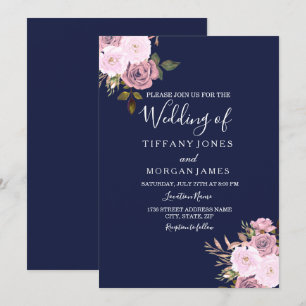 Convite de Casamento Floral Azul Marinho e Dourado