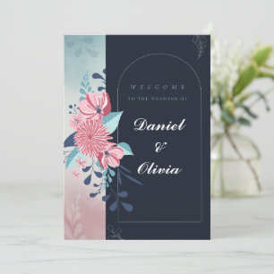 Convite de Casamento Floral Azul Marinho e Rosa co