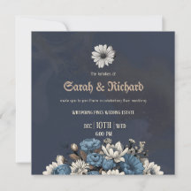 Convite de Casamento Floral Azul Marinho Elegante