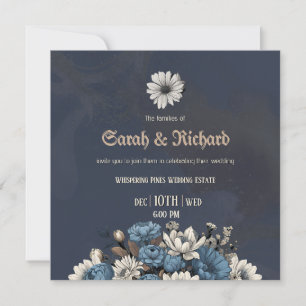 Convite de Casamento Floral Azul Marinho Elegante