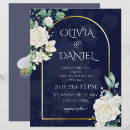 Convite de Casamento Floral Azul Marinho Elegante