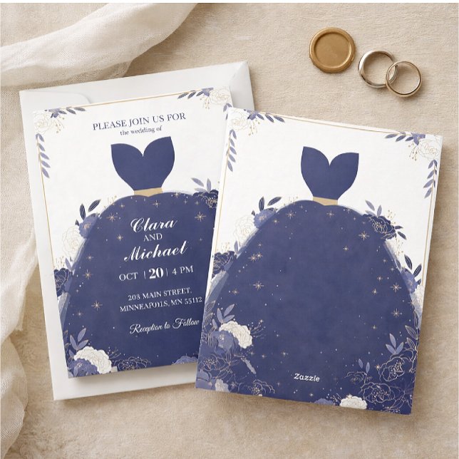 Convite de Casamento Floral Azul Marinho Elegante (Criador carregado)