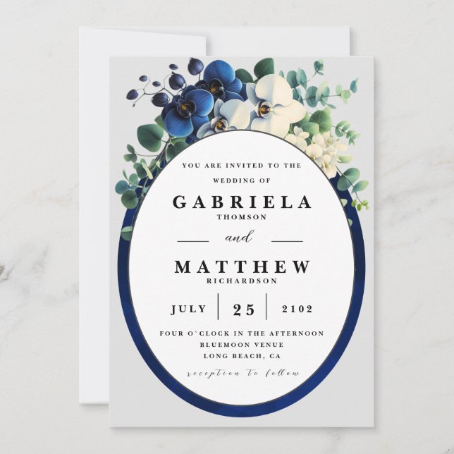 Convite de Casamento Floral Azul Marinho Elegante  (Frente)