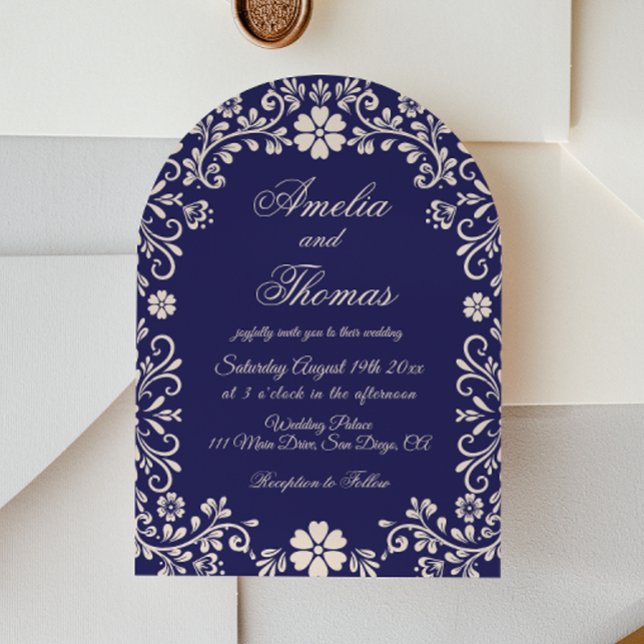 Convite de Casamento Floral Azul Marinho Mexicano (Criador carregado)