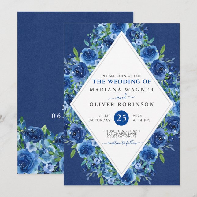 Convite de Casamento Floral Azul Marinho Moderno (Frente/Verso)