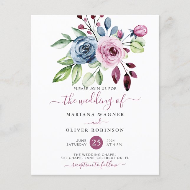 Convite de casamento floral azul marinho orçamento (Frente)