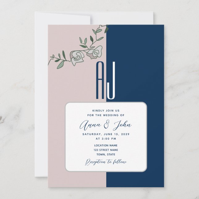 Convite de Casamento Floral Azul Marinho Rosa (Frente)