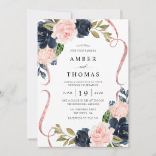 Convite de Casamento Floral Azul Marinho Rústico C