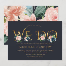 Convite de Casamento Floral Azul Meia-Noite Dourad