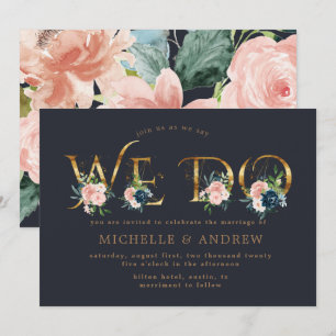 Convite de Casamento Floral Azul Meia-Noite Dourad