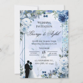 Convite de Casamento Floral Azul Moderno