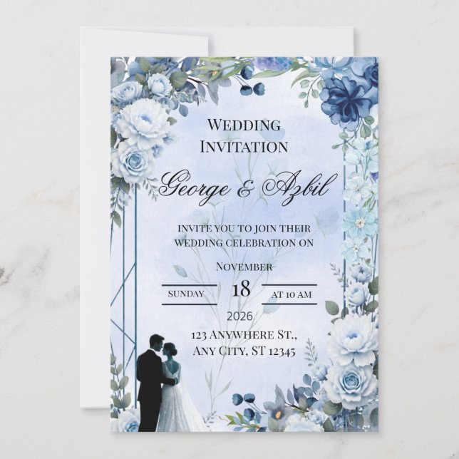 Convite de Casamento Floral Azul Moderno (Frente)