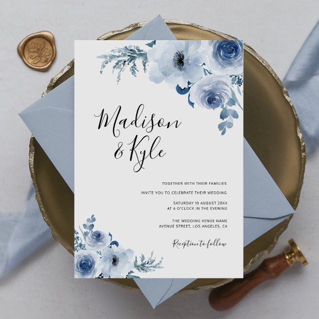 convite de casamento floral azul moderno (Criador carregado)