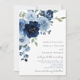 Convite de Casamento Floral Azul Navy Empoeirado