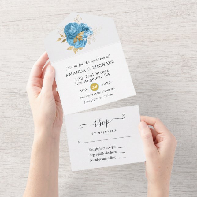 Convite de Casamento Floral Azul Pastel e Dourado  (Aba destacável)