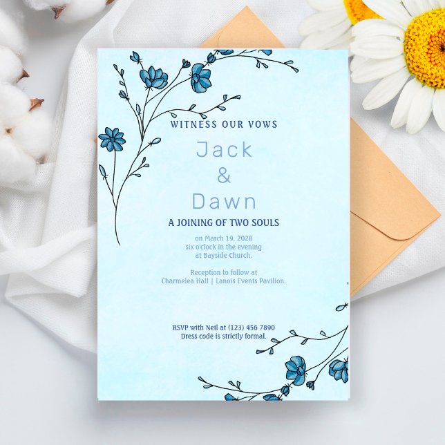 Convite de Casamento Floral Azul Po dusty Minimali (Criador carregado)