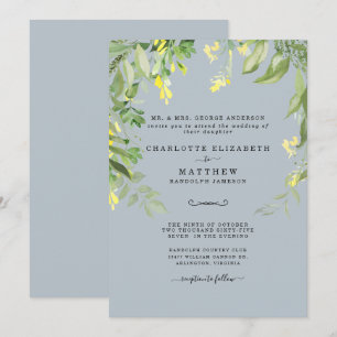 Convite de Casamento Floral Azul Poeira e Amarelo