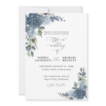Convite de Casamento Floral Azul Poeira Elegante