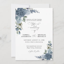 Convite de Casamento Floral Azul Poeira Elegante