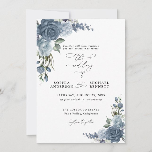Convite de Casamento Floral Azul Poeira Elegante (Frente)