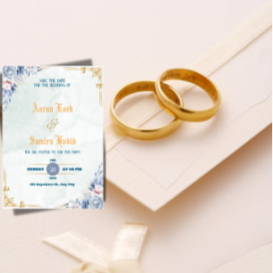 Convite de Casamento Floral Azul Poeira Elegante