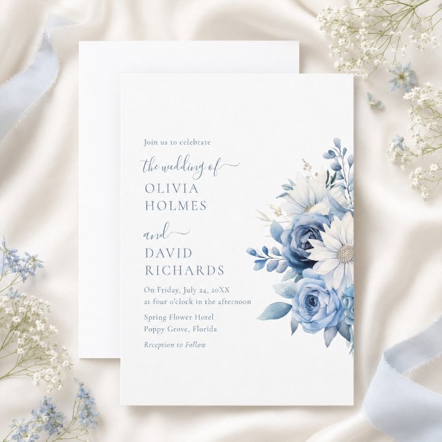 Convite de Casamento Floral Azul Poeirento (Dusty Blue Floral Wedding Invitation Card)