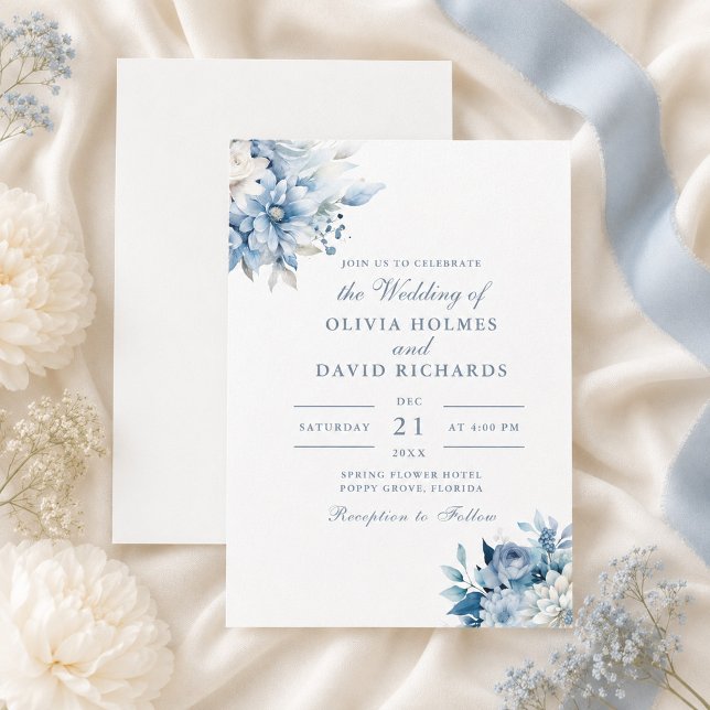 Convite de Casamento Floral Azul Poento e Branco (Dusty Blue and White Floral Wedding Invitation)