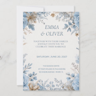 Convite de Casamento Floral Azul Poento e Creme