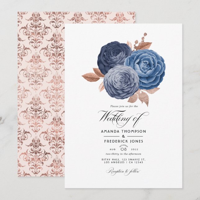Convite de Casamento Floral Azul Poento e Dourado  (Frente/Verso)