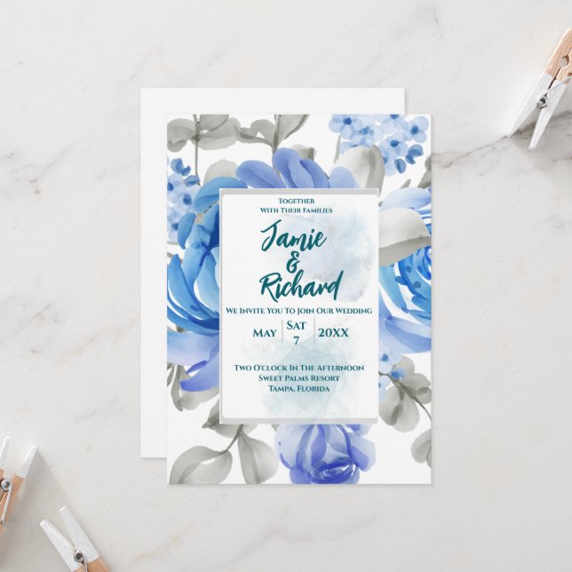 Convite De Casamento Floral Azul Profundo (Frente/Verso In Situ)