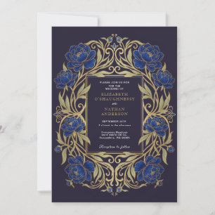 Convite de Casamento Floral Azul Real Art Nouveau