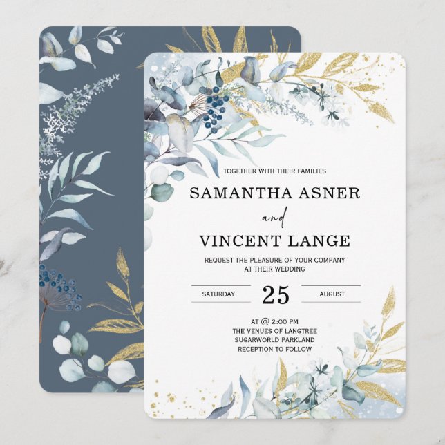 Convite de Casamento Floral Azul Real Branco Prata (Frente/Verso)