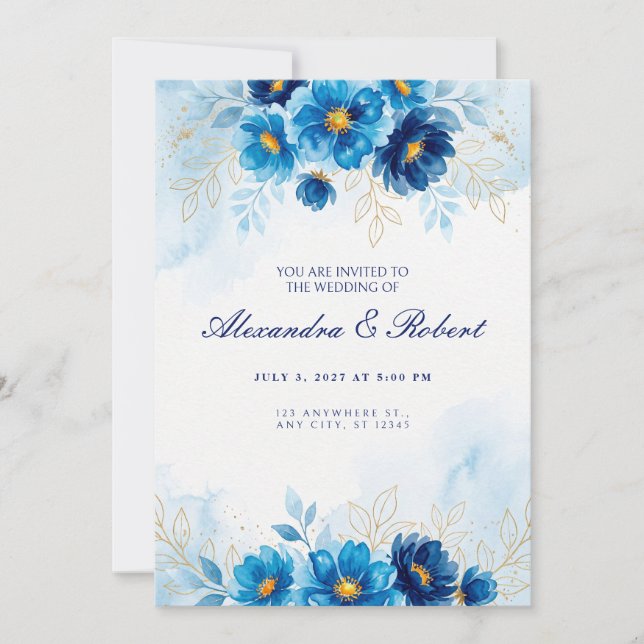 Convite de Casamento Floral Azul Real com Folha Do (Frente)