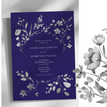 Convite de Casamento Floral Azul Real Prata
