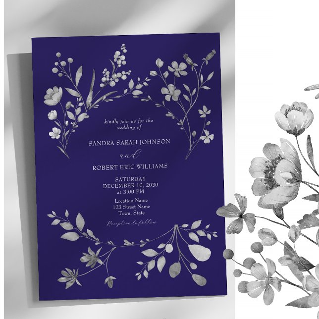 Convite de Casamento Floral Azul Real Prata (Criador carregado)