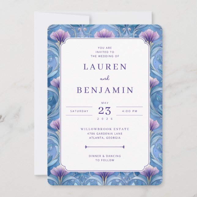 Convite de Casamento Floral Azul Romântico (Frente)