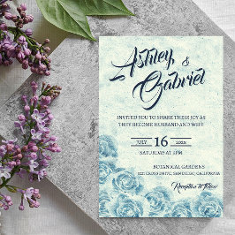 Convite de Casamento Floral Azul Romântico